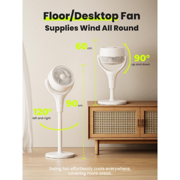 FTOTHH Pedestal Fan 25dB Silent Standing Fan 3D Air Circulator Fans Cooling Quiet Bedroom, Max 10m,135°+90° Oscillating, Height adjustable 60-90cm, 3 Wind Mode 4 Speed, Remote Control, 8H Timer