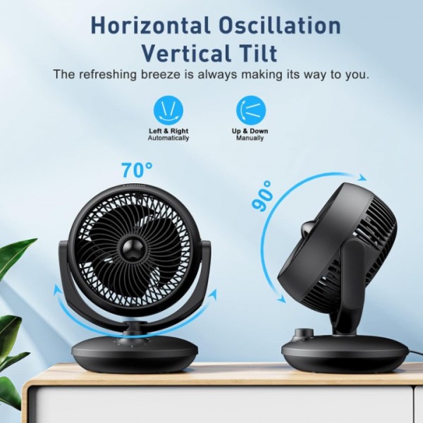 Air Circulator Desk Fan, Silent Cooling Fan, Portable Quiet Table Oscillating Fan with 3 Speed Settings, 90° Adjustable Tilt for Rooms, Wide-Angle Oscillating Fan for Home, Office and Bedroom, UK Plug