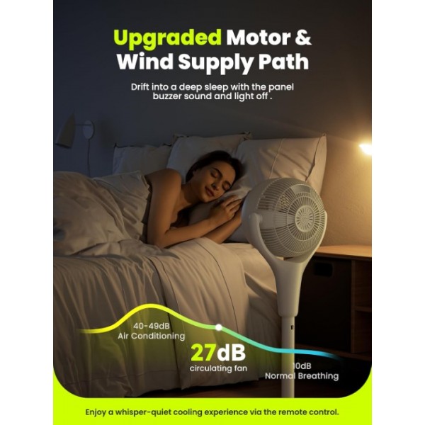 FTOTHH Pedestal Fan 25dB Silent Standing Fan 3D Air Circulator Fans Cooling Quiet Bedroom, Max 10m,135°+90° Oscillating, Height adjustable 60-90cm, 3 Wind Mode 4 Speed, Remote Control, 8H Timer