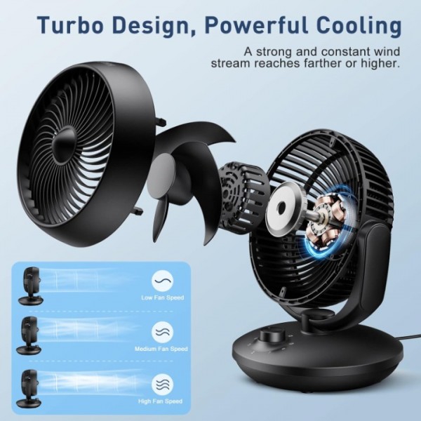 Air Circulator Desk Fan, Silent Cooling Fan, Portable Quiet Table Oscillating Fan with 3 Speed Settings, 90° Adjustable Tilt for Rooms, Wide-Angle Oscillating Fan for Home, Office and Bedroom, UK Plug